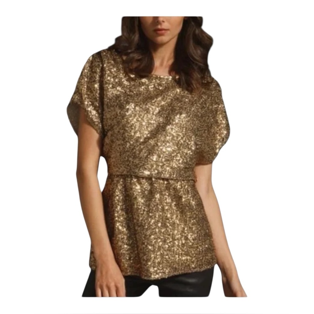 Alice + Olivia Barret Gold Sequin Blouson Party Glam Disco Top